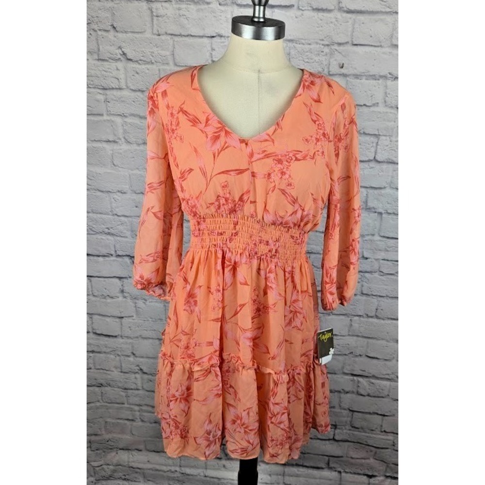 Taylor Petite Smocked-Waist Ruffled-Hem Dress Coral Paprika Size 6P 3/4 Sleeve